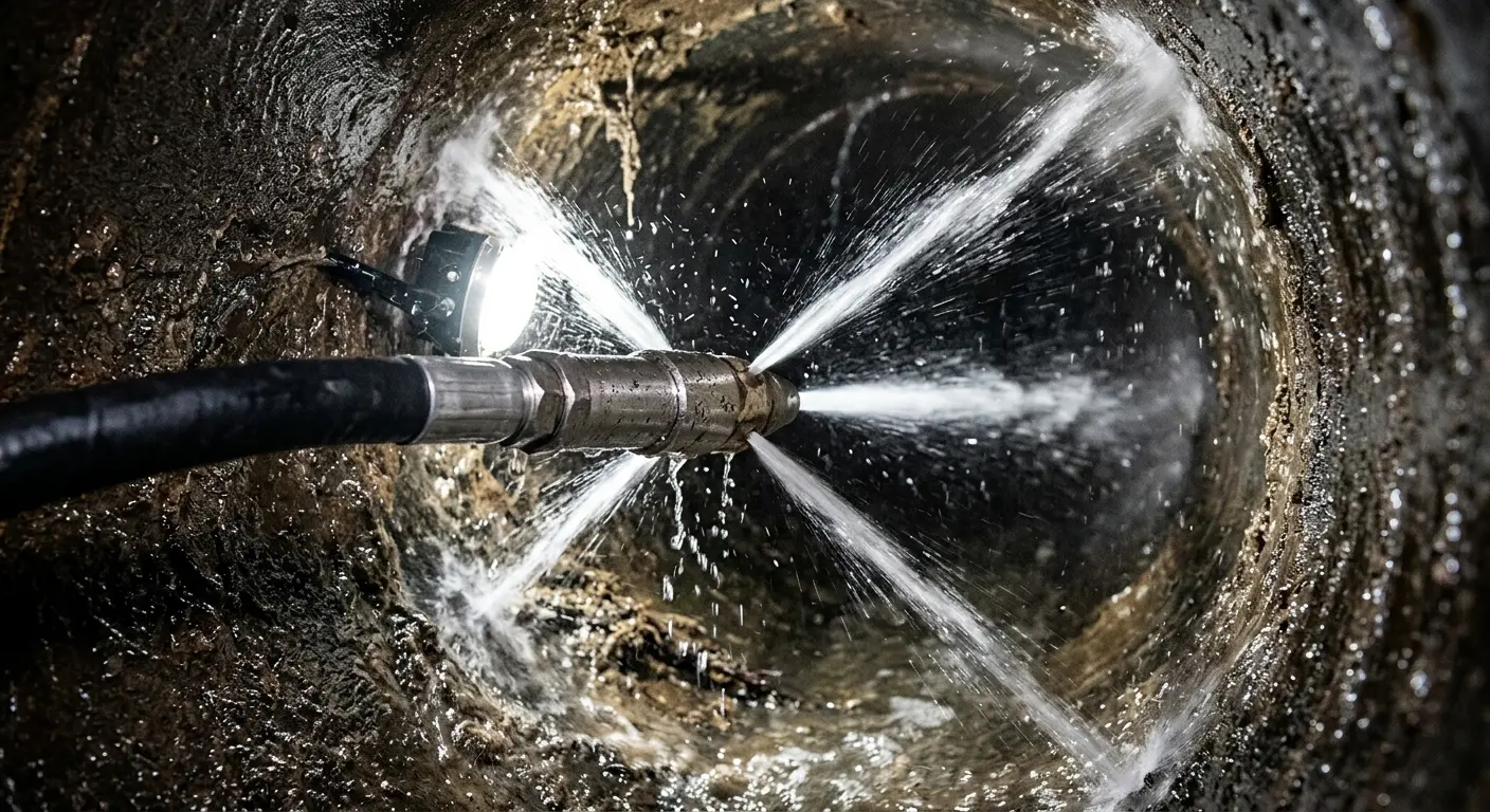 High-pressure hydro jetting nozzle cleaning sewer pipe for Sewer Line Relining in Raleigh Hills