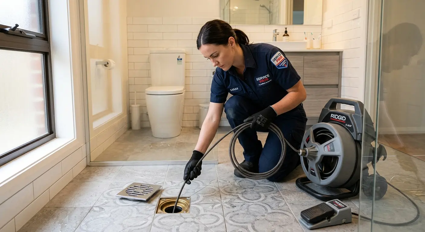 Technician clearing a bathroom floor drain for Sewer Line Installation in Raleigh Hills